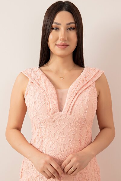 PULLIMM Πίσω Χαμηλό δαντελωτό μακρύ βραδινό φόρεμα 13228