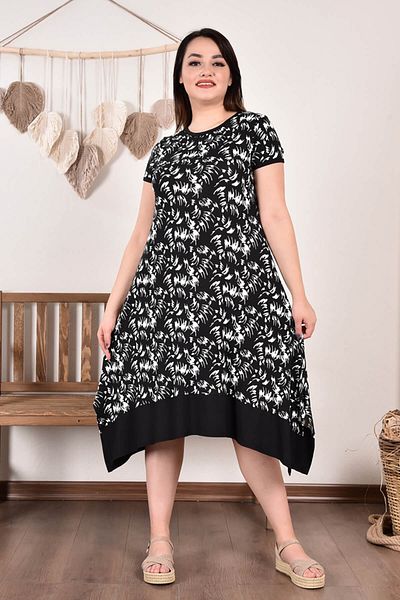 Neşeli Butik Γυναικείο Ασύμμετρο Φόρεμα Plus Size Aysl50 - Μαύρο
