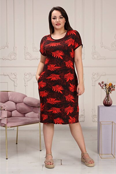 Neşeli Butik Women's Flexible Viscose Plus Size Dress Aysl58 - Red
