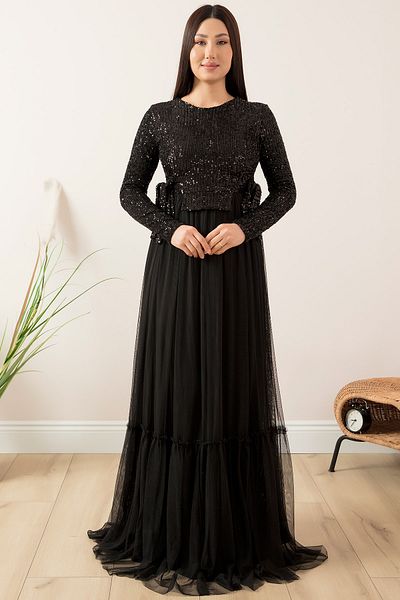 PULLIMM Sequin Waist Tied Hijab Evening Dress 13054
