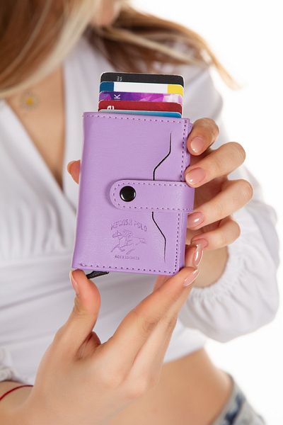 Newish Adelina Lila Nova Leather Mechanism Snap Card Holder Wallet (7CMX10CM)