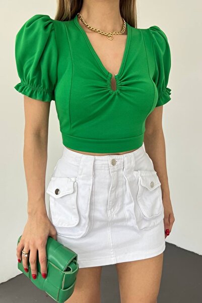 lovebox Жіноча блуза з еластичної тканини, рукави принцеса, V-подібний виріз, зелена, 36/38 см, 10386