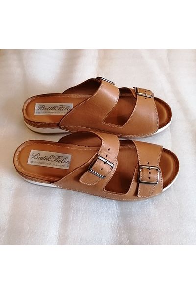 Butik Tülin شبشب نسائي من الجلد الطبيعي بلون أسمر مخطط مزدوج بإبزيم معدني قابل للتعديل من الجلد الناعم التشريحي غير قابل للانزلاق ونعل بولي