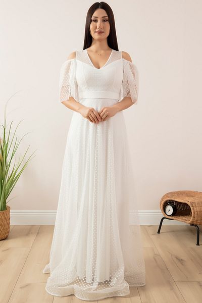 PULLIMM Shoulder Detailed Spotted Tulle Long Evening Dress