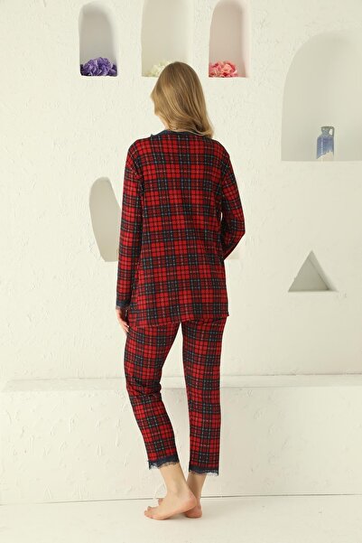 SEBOTEKS Rope Strap Plaid Guipure Detailed 3-Piece Pajama Set with Dressing Gown 2039