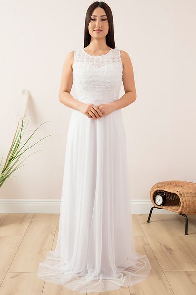PULLIMM Rochie de seară lungă albă cu mâneci zero 13341