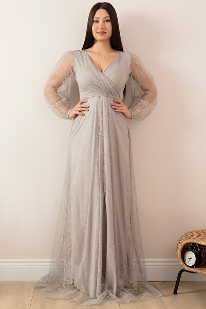 PULLIMM Круговий комір з мереживом, довга вечірня сукня 13336