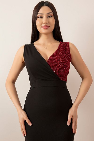 PULLIMM Double Breasted Collar Sequin Detailed Midi Evening Dress 13343
