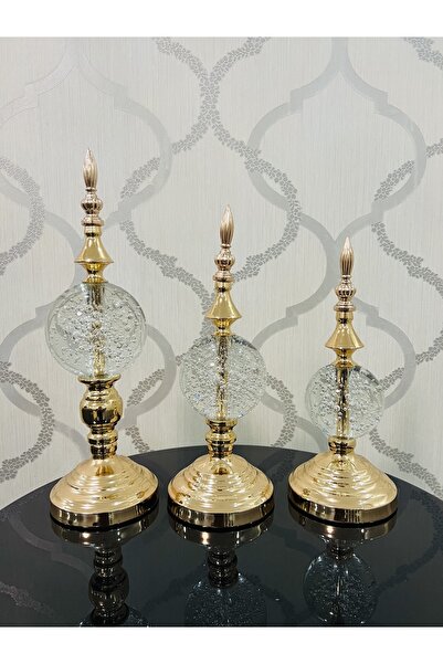 Furkan Dekoratif Damlalı Cam Küre Altın Cam Üçlü Obje