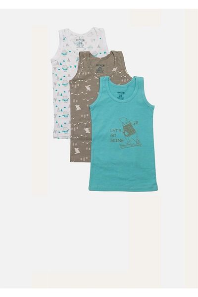 ÇamaşırcımShop Skier Bear Patterned Elastane Combed Cotton Boys' 3-Piece Undershirt Set