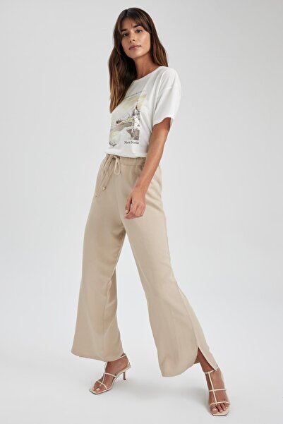 DeFacto Straight Fit Regular Waist Straight Leg Long Linen Blended Trousers A4202ax23sp