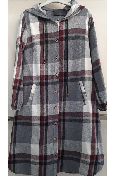 N.Y.YILDIZ Star Cashmere Plaid Unlined Buttoned Hooded Pocket Jacket