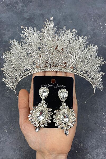 FdayAksesuar Set de coroană de mireasă și cercei cu frunze argintii și mărgel...
