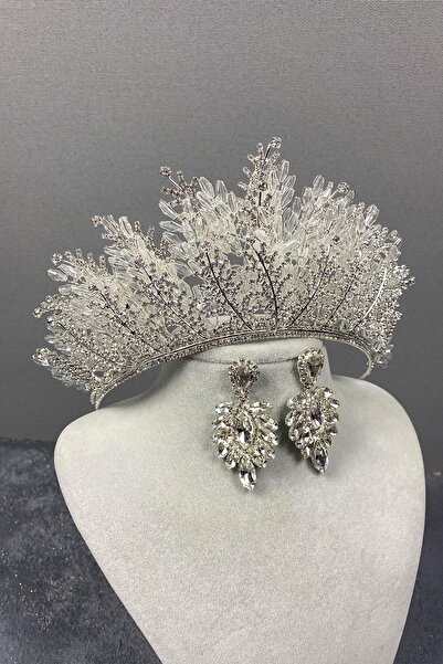 FdayAksesuar Set de coroană de mireasă și cercei subțiri cu frunze argintii ș...