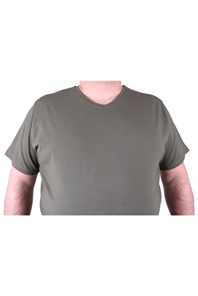 Starbattal Men's Large Size Lycra Basic V-Neck T-Shirt 11170 Khaki