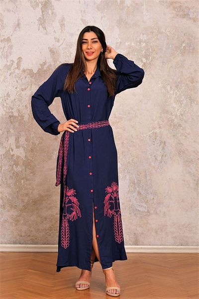 Keyifli Moda Women's Navy Blue Shirt Collar Skirt with Embroidery Belt Long Shirt Dress