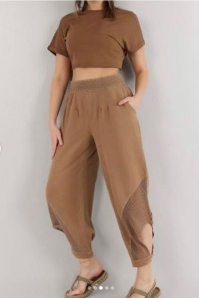 AYASOFYA OTANTIK Women's Brown Leg Mesh and Button Detailed Linen Trousers