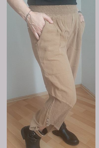 AYASOFYA OTANTIK Women's Brown Leg Mesh and Button Detailed Linen Trousers