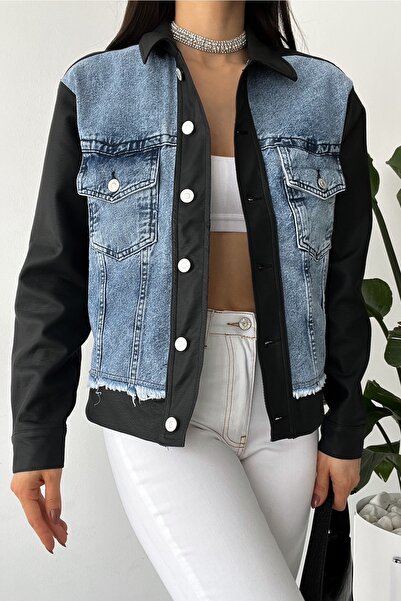 FEMELLE Jachetă de piele pentru femei, sezon nou, cu detaliu din denim