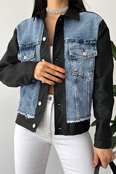 FEMELLE Jachetă de piele pentru femei, sezon nou, cu detaliu din denim