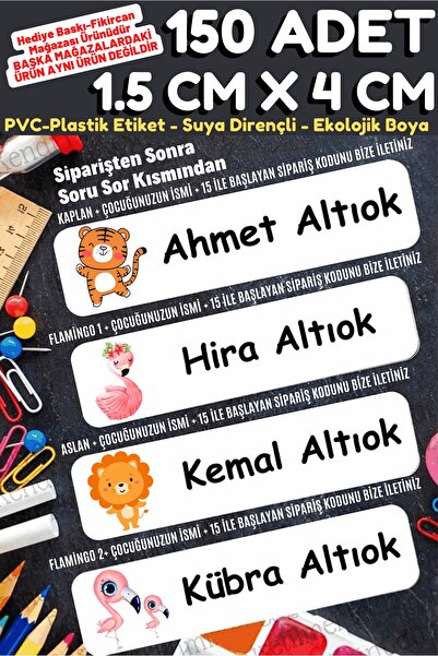 FİKİRCAN -isme Özel Okul Etiket Seti Flamingo-aslan-kaplan 150 Adet - Ekoloji...