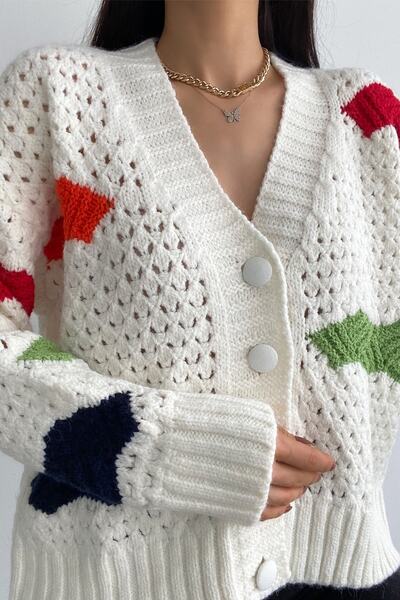 FEMELLE Women's V-Neck Openwork Standard Size Knitted Knitwear Cardigan