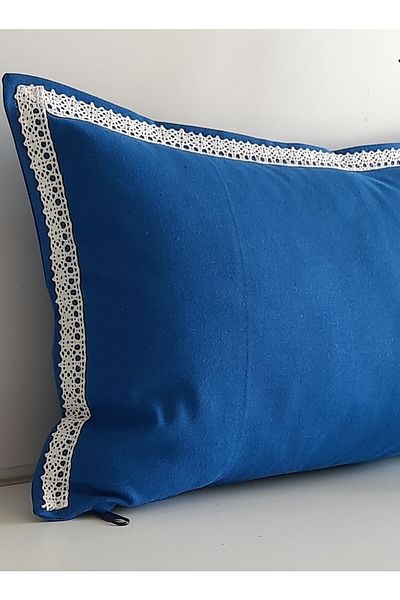 Fabric by Gülçin Περιορισμένης έκδοσης Deep Blue White Lace Cotton Cotton Cushion - Ορθογώνια θήκη
