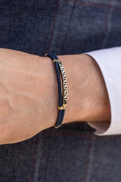 Uşaklıhafız 1945 14 Ayar Altın Lacivert Deri Görünümlü Kauçuk Tasarım Bileklik