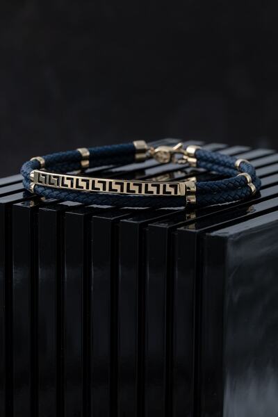 Uşaklıhafız 1945 14 Ayar Altın Lacivert Deri Görünümlü Kauçuk Tasarım Bileklik