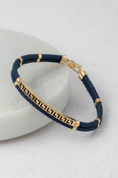 Uşaklıhafız 1945 14 Ayar Altın Lacivert Deri Görünümlü Kauçuk Tasarım Bileklik