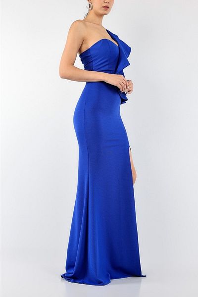 vuvutasarım Rochie de seară lungă detaliată cu un umăr din țesătură crepon elastică Rochie de bal maxi Emr-024