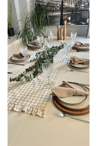 Decamor home Vintage βολάν Gingham Beige Runner με αδιάβροχο αδιάβροχο