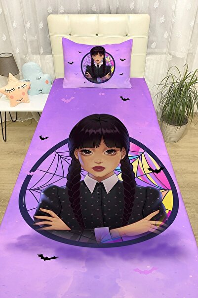 EVPANYA Purple Framed Wednesday Addams Patterned Bedspread and Pillowcase