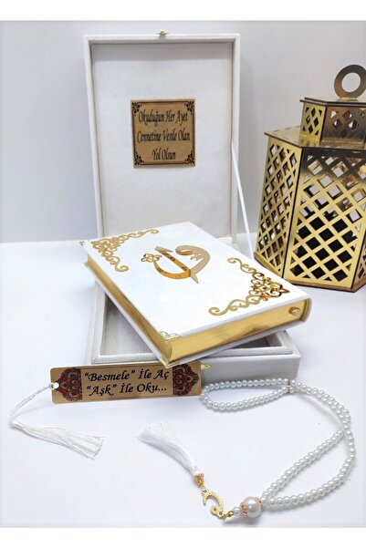 kahraman hediyelik Isimli Raşel Kumaş Kuran-ı Kerim Orta Boy Kutulu (16X24)(BEYAZ)inci Tesbih, Ayraç Seti