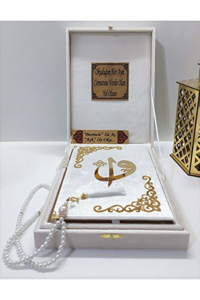 kahraman hediyelik Isimli Raşel Kumaş Kuran-ı Kerim Orta Boy Kutulu (16X24)(BEYAZ)inci Tesbih, Ayraç Seti