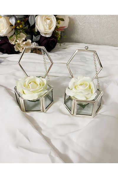dermethane Ring Holder Double Promise Δαχτυλίδι αρραβώνων Ring Holder, Ring Riser Ασημί γκρι χρώμα, γυαλί με τεχνητά τριαντάφυλλα