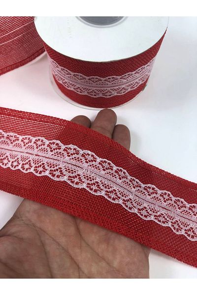 GELD Red Wide Linen Ribbon with Lace in the Middle – Ribbon – Ribbon