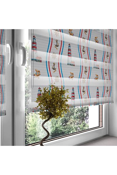 Turuncu Dizayn Blue Lighthouse Patterned Digital Printed Zebra Roller Blinds for Children's Room