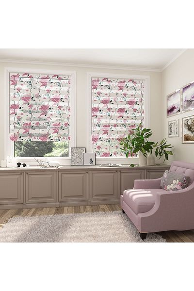 Turuncu Dizayn Pink Water Lily Flower Patterned Digital Printed Zebra Curtain