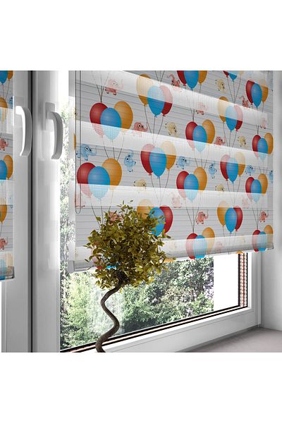 Turuncu Dizayn Blue Flying Balloons and Elephant Patterned Digital Printed Zebra Roller Blinds for Children's Room and Playroom