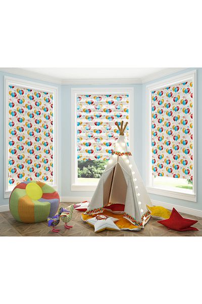 Turuncu Dizayn Blue Flying Balloons and Elephant Patterned Digital Printed Zebra Roller Blinds for Children's Room and Playroom