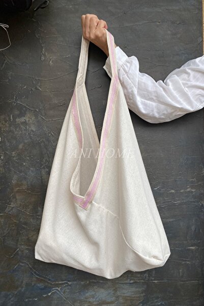 Anı Home Keten Pembe Şeritli Bag Plaj Ve Omuz Çantası