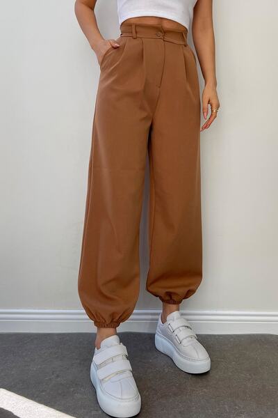 fehika Women's Brown Pleated Elastic Leg High Waist Cargo Jogger / Balloon Pants