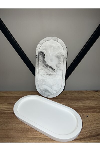 Genel Markalar Selens Dekoratif 2’li Beyaz Mermer Oval Al Sunumluk , Yagdanli...