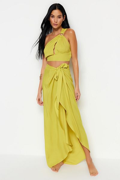 Trendyol Collection Oil Green Single Shoulder Blouse Skirt Set with Woven Accessories TBESS23AU00133