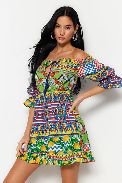 Trendyol Collection Μίνι υφαντά βολάν με μοτίβο πλακιδίων 100% βαμβακερό φόρεμα παραλίας TBESS23EL00316