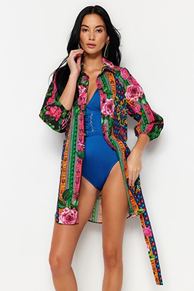 Trendyol Collection Virágmintás öves mini szövött ballon ujjú 100% pamut strandruha TBESS23EL00293