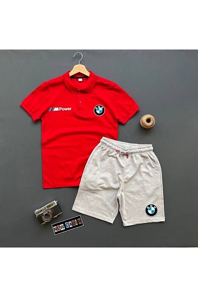 NewCabin New Season Trend Summer BMW Printed Polo Collar T-shirt - Shorts Combination Bottom Top Set 2 Pieces