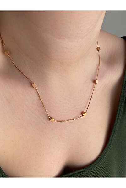 Owentis قلادة Lavella من الفولاذ المقاوم للصدأ بسلسلة مكعبة من الذهب الوردي - لا تشويه -