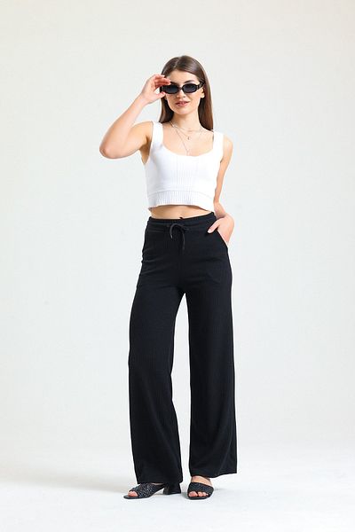 Babelook Women's Black Knitted Ribbed Wide Leg Trousers